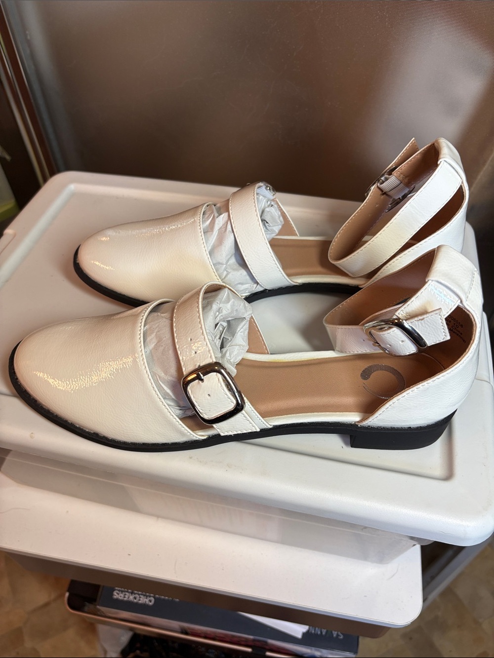 Women's White Buckle Strap Flats